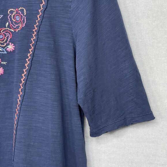 Mododoc Tunic Top Women Size L Blue Floral Boho Embroidered Side Hem Slit Cotton - Picture 7 of 14